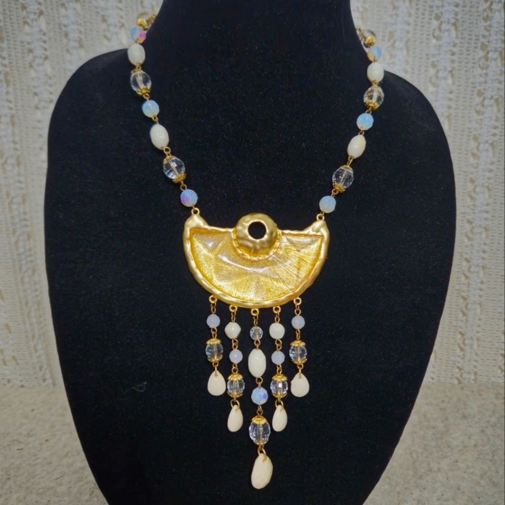 VCLM Gold Beaded Half Moon Statement Necklace
